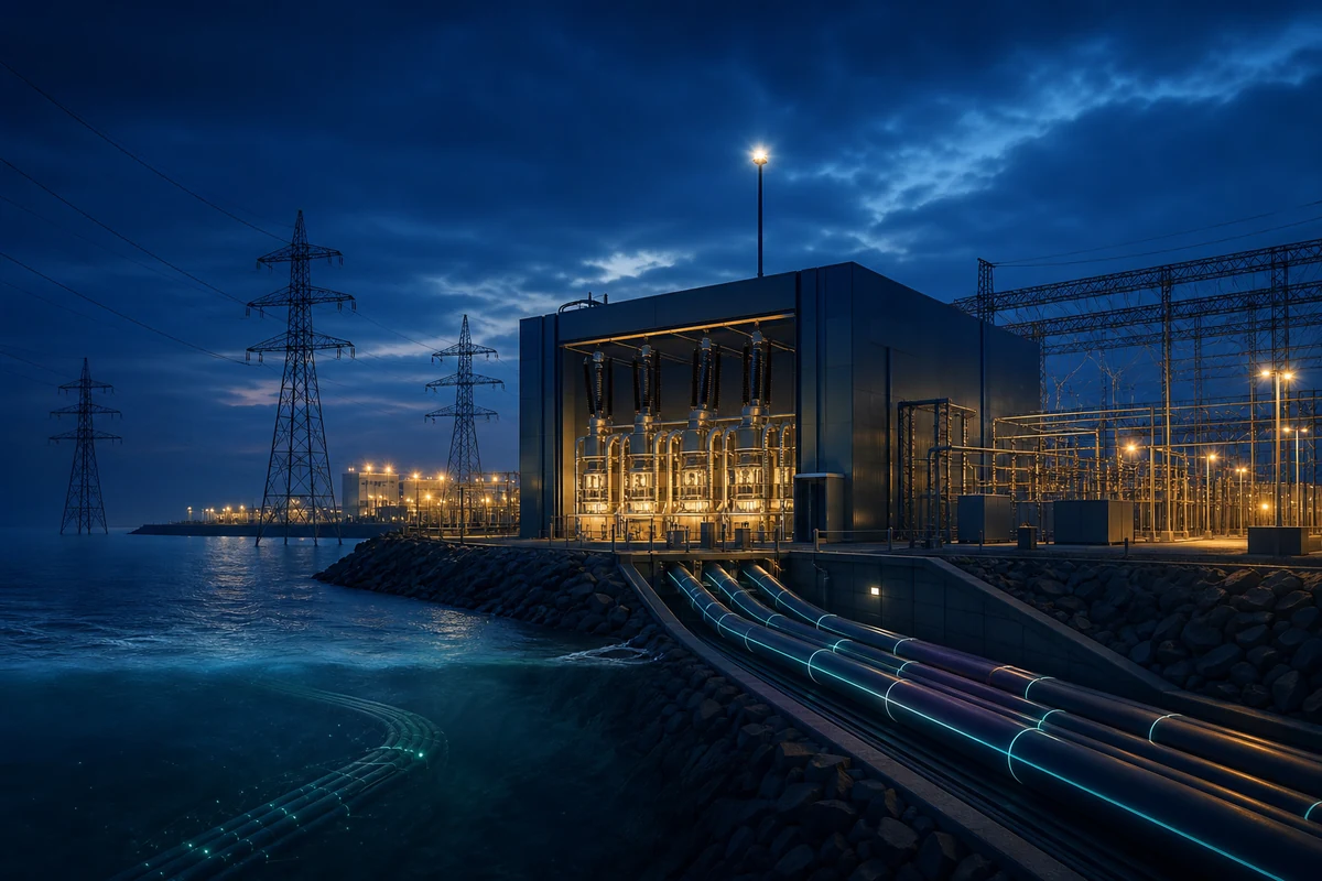 Transmission & Grid — HVDC converter station and subsea cable landing at dusk