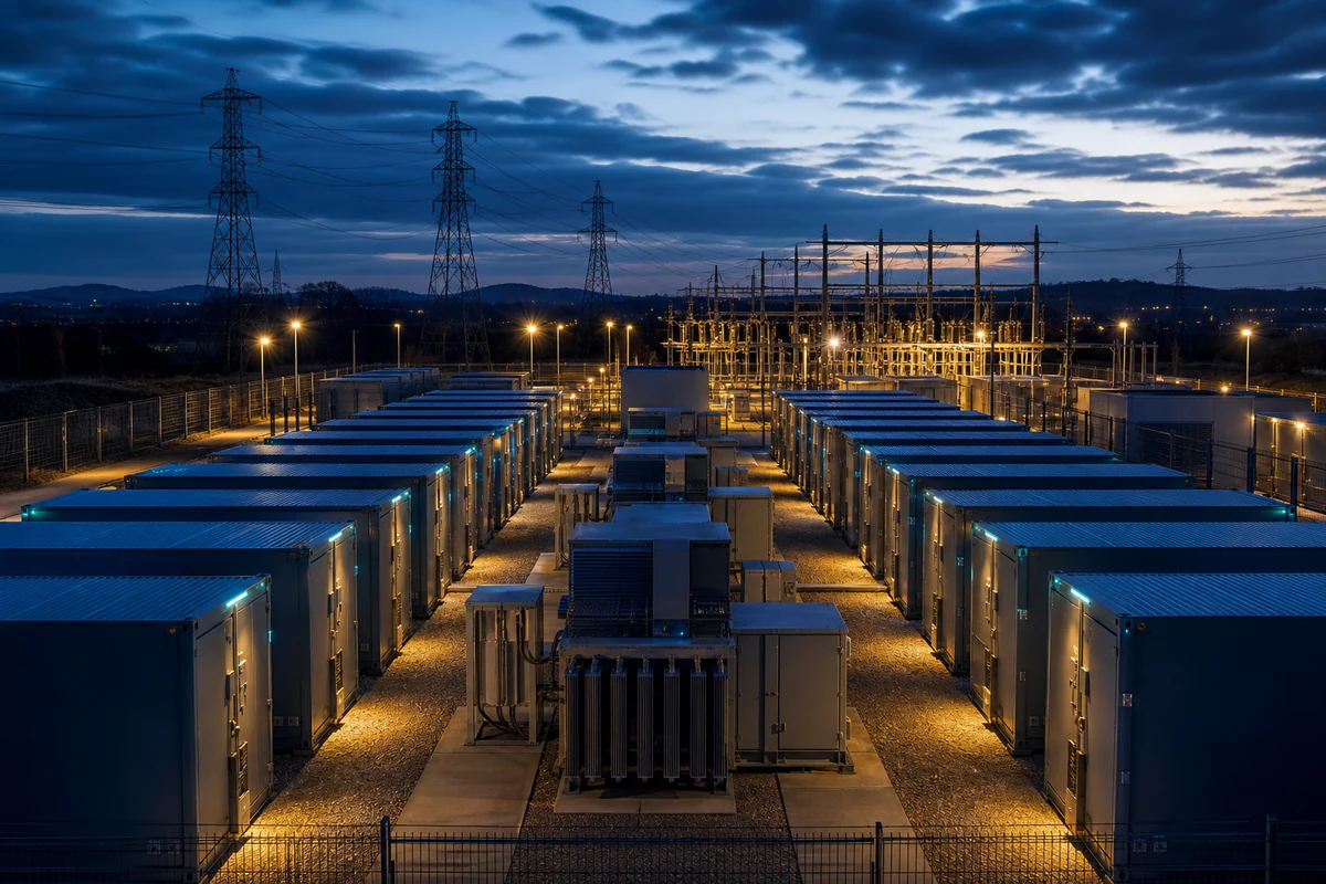 Energy Storage — utility-scale battery containers on a grid-connected BESS site