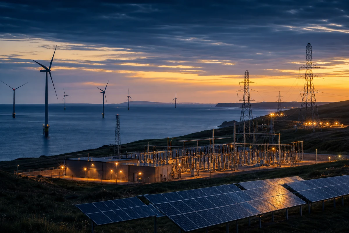 Renewables — offshore wind farm and solar array feeding a coastal substation