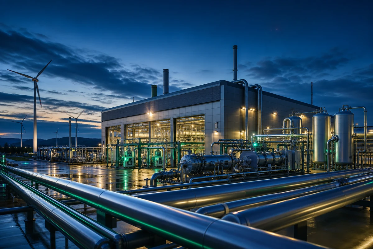 Hydrogen — electrolyser plant and pipeline network alongside wind turbines