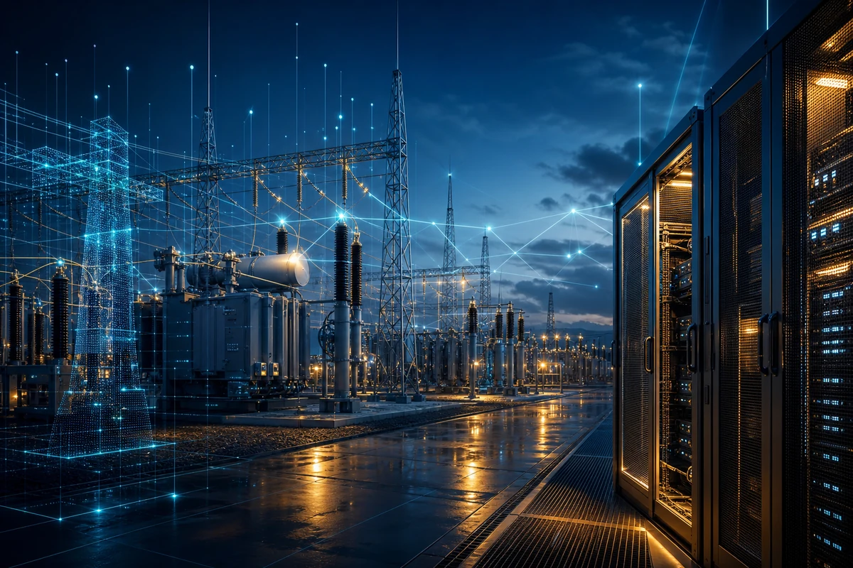 Digital Infrastructure — digital-twin overlay on a substation and data hall